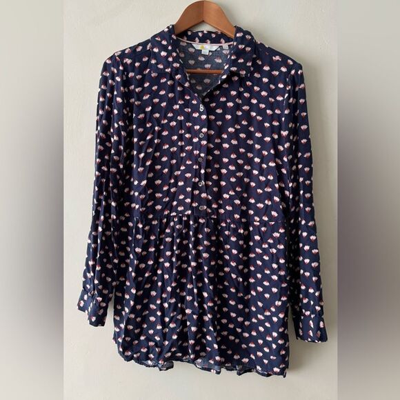 BODEN Navy Floral Babydoll Drop Hem 100% Viscose Button Down Tunic top Size 8R - Picture 2 of 5